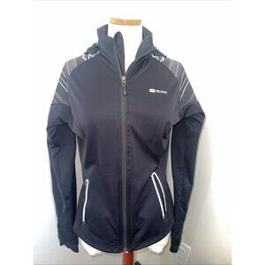 Women’s SUGOI Cycling Jacket Black Gray Striped Softshell Full Zip Hooded Sz M